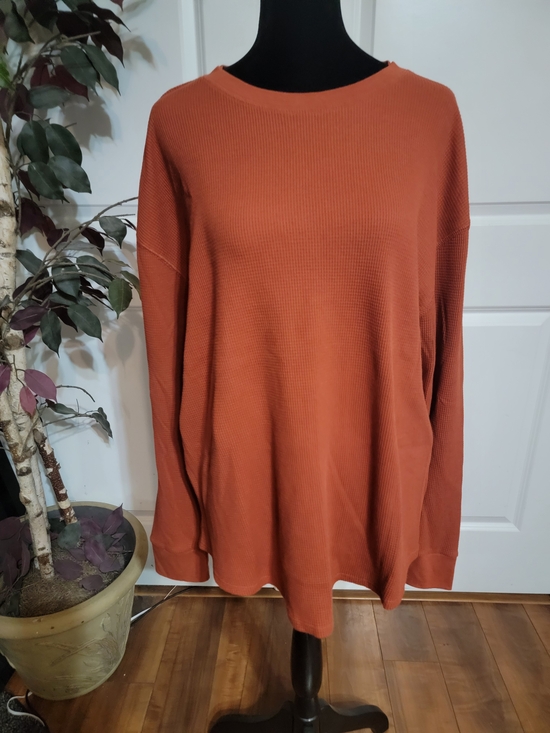 Time and Tru Tops - Time and Tru Waffle Knit Long Sleeve Top - Rust Orange